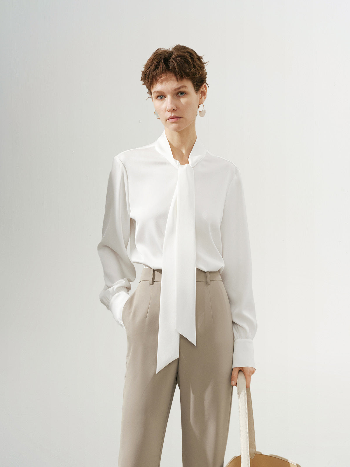 Women's Plain White Tie Neck Long Sleeves Smooth Acetate Shirt