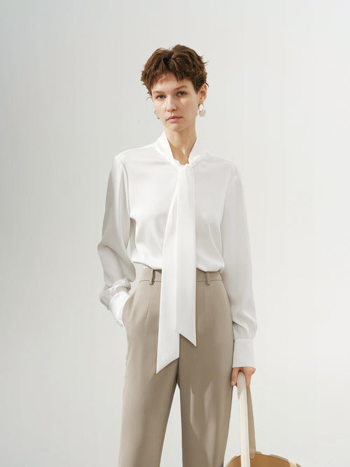 Charger l'image 1 dans la galerie. Women's Plain White Tie Neck Long Sleeves Smooth Acetate Shirt