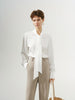 Women's Plain White Tie Neck Long Sleeves Smooth Acetate Blouse