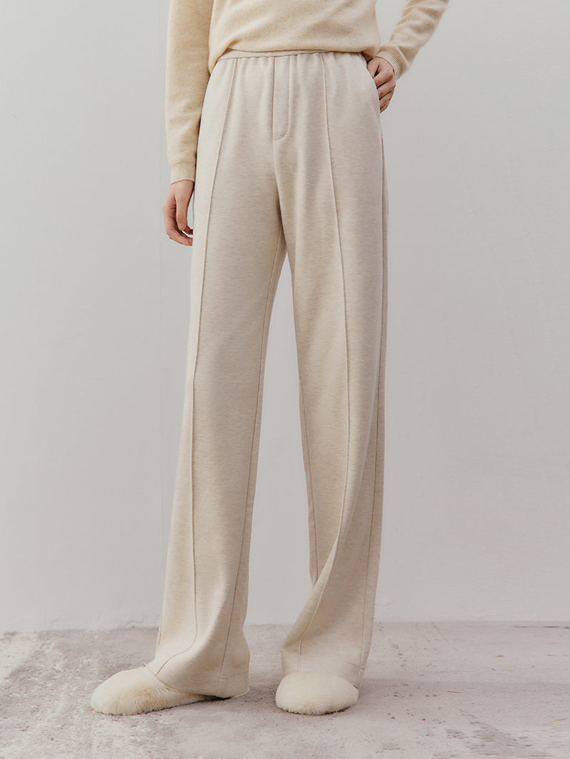 Women's Winter Beige Wide Leg Drawstring Waist Trousers