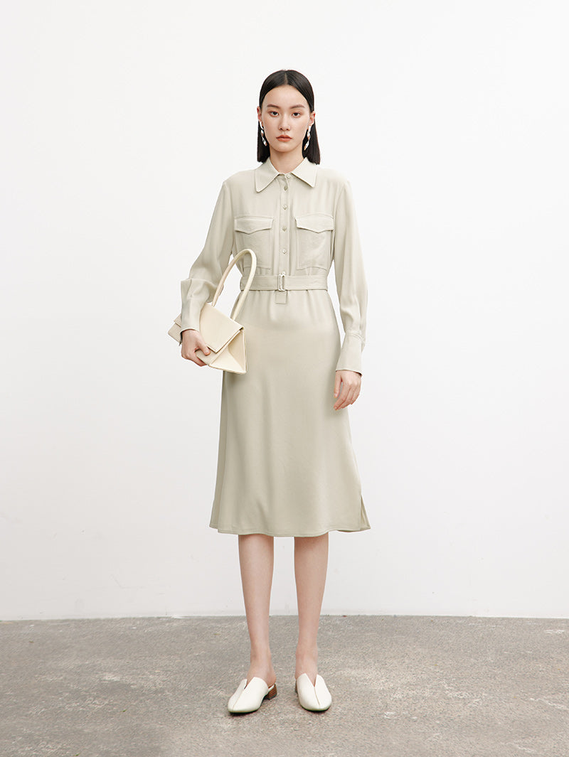 Belted dress with classic collar, long sleeves, beige