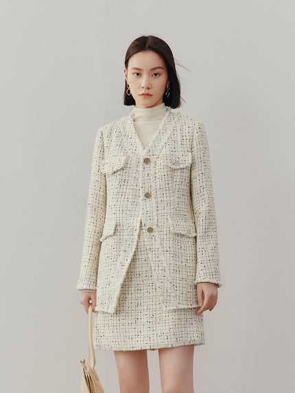 Women's White V Neck Woolen Tweed Coat Jacket