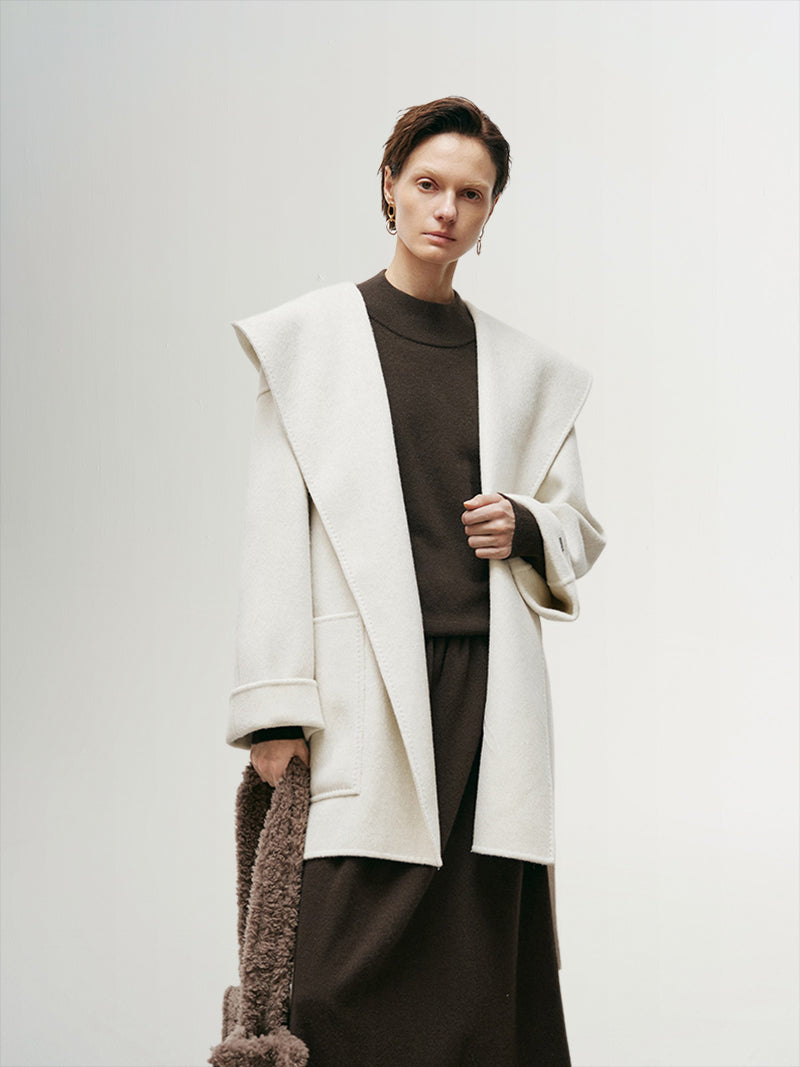 Women's White Belted Wool Coat with Hood