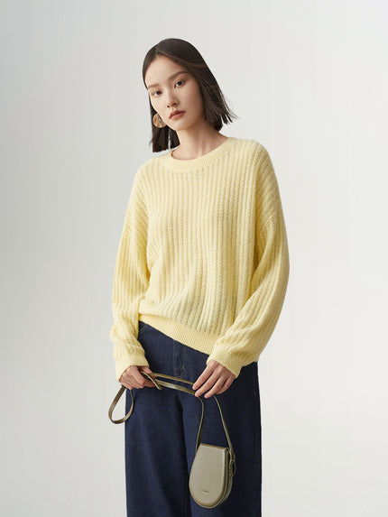 Women's Light Yellow Long Sleeve Wool Pullover Sweater