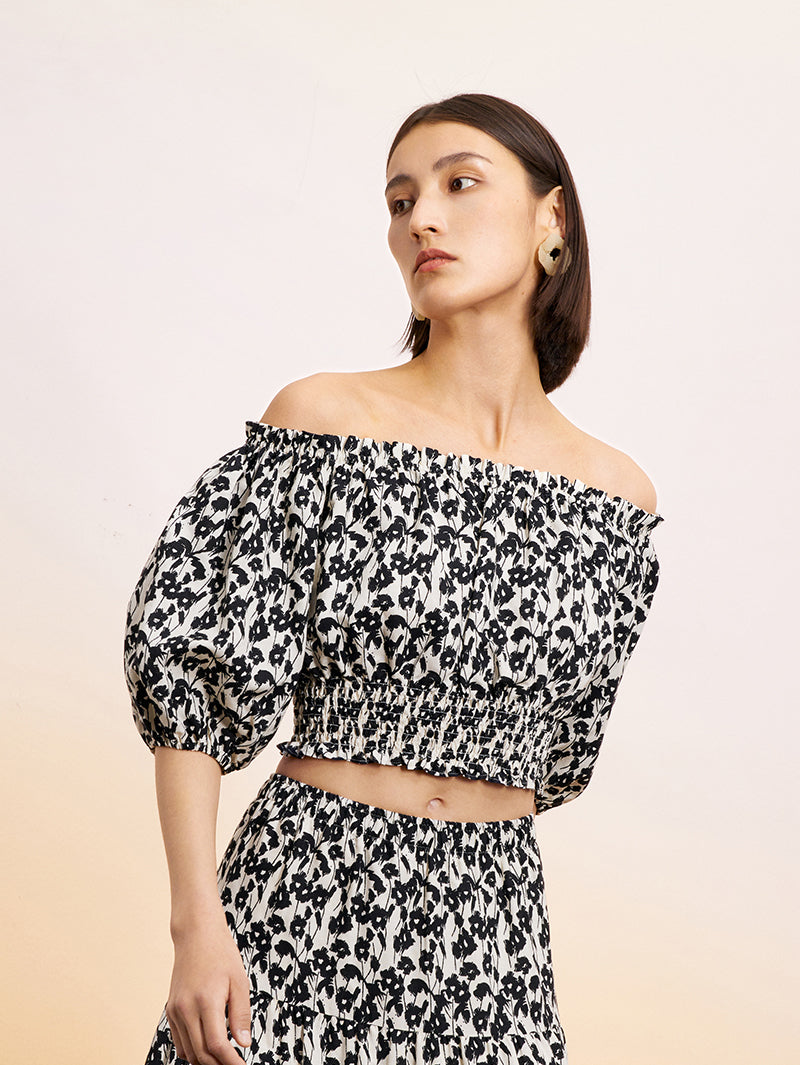 Women's Black Floral  Puff Sleeves Super Short Blouse Shirt