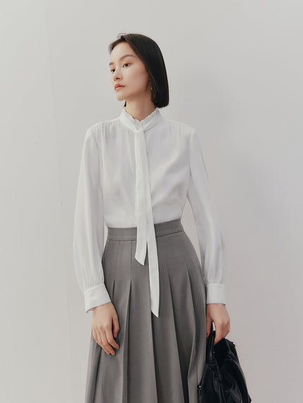 Women's White Tie Neck Long Sleeves Shirt