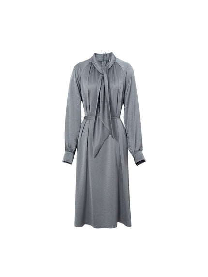 Women's Grey Tie Neck Long Sleeves Belted Dress 5DA194791