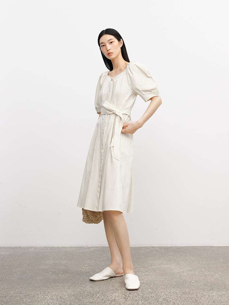 Women's Off-White Square Neck Puff Sleeves Button Down Belted Dress