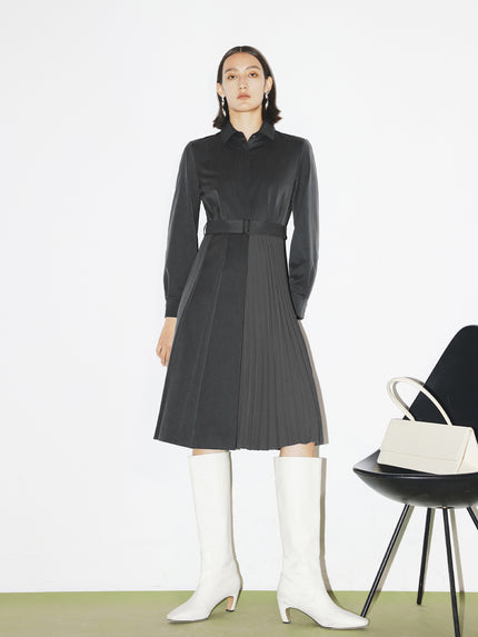 Grey classic collar pleated dress with long sleeves and belt