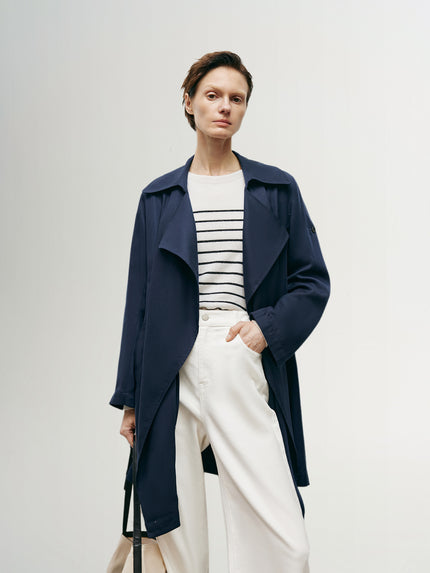 Women's Navy Blue Breasted Belted Trench Coat