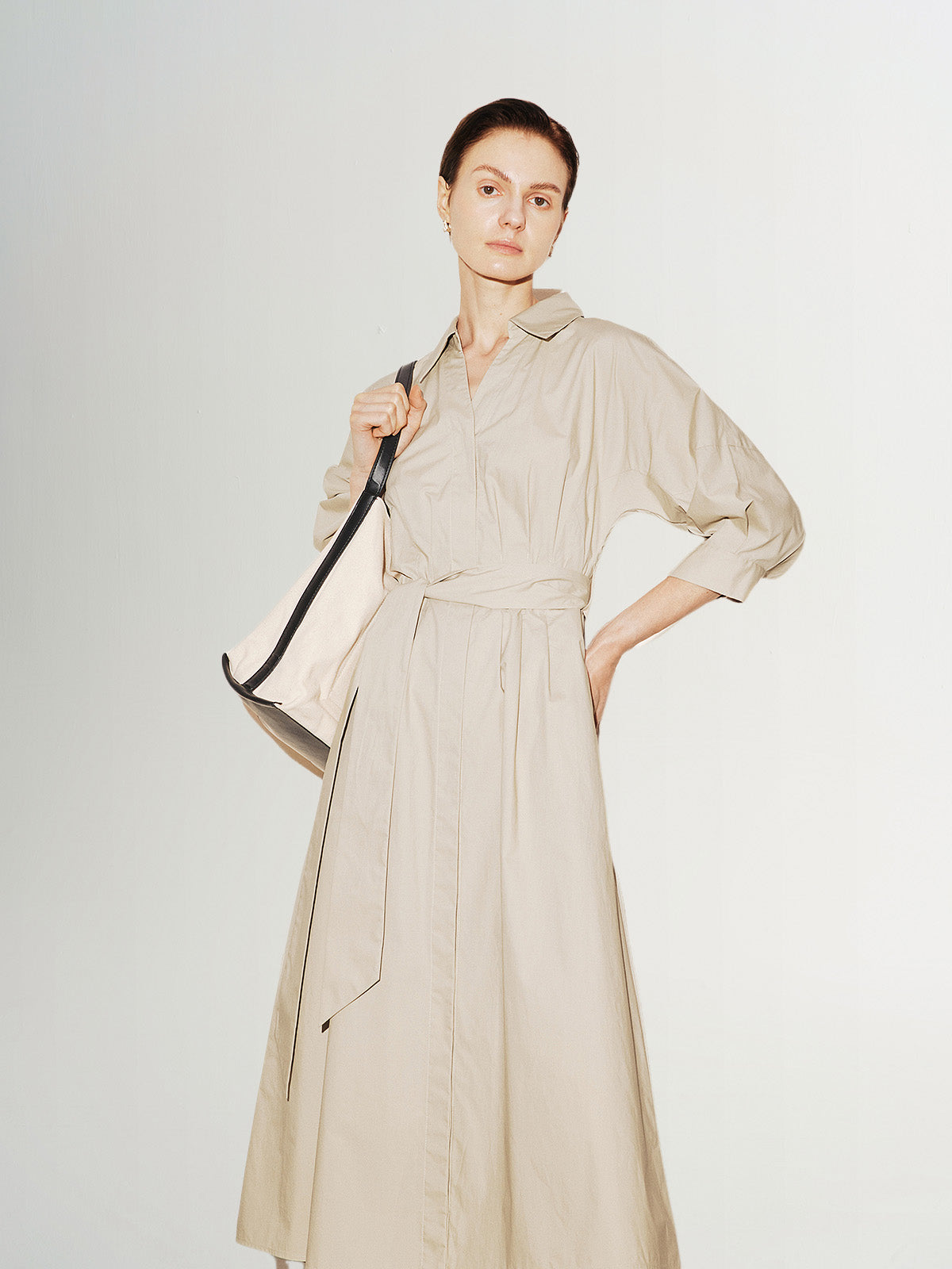 Beige cotton round neck dress
