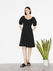 Women's Black Square Neck Puff Sleeves Slim Fit Cotton Dress