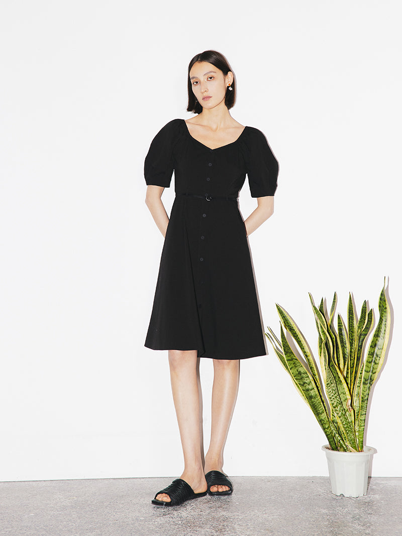 Women's Black Square Neck Puff Sleeves Slim Fit Cotton Dress