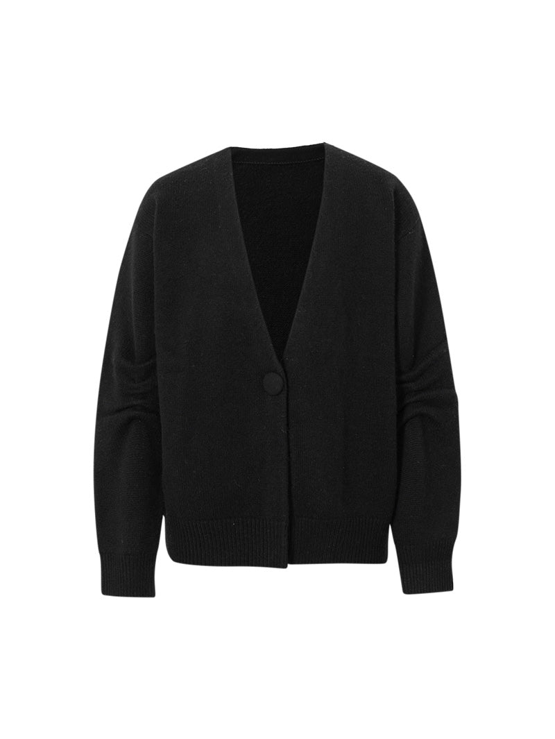 Women's Black V Neck Long Sleeves Wool Cardigan
