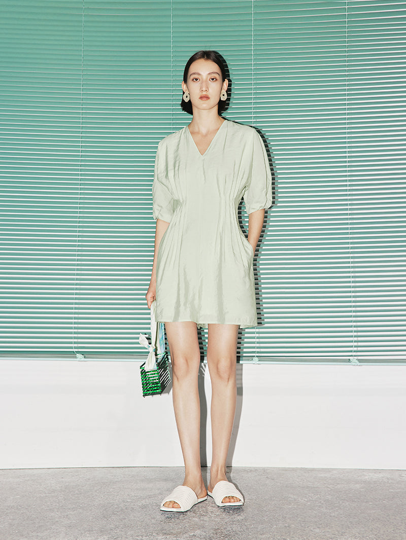 Women's Mint Green V Neck Short Sleeves Pleated Waist Dress