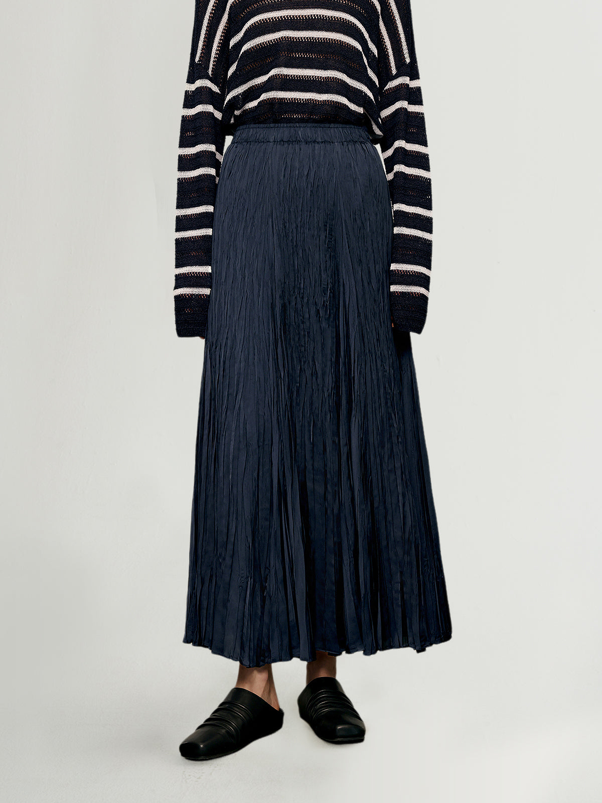 Elastic-Waist Pleated Maxi Skirt