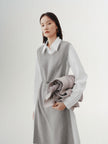 Women's Gray Whit Floral Classic Collar Long Sleeve Belted Splicing Dress