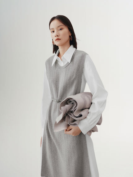 Women's Gray Whit Floral Classic Collar Long Sleeve Belted Splicing Dress