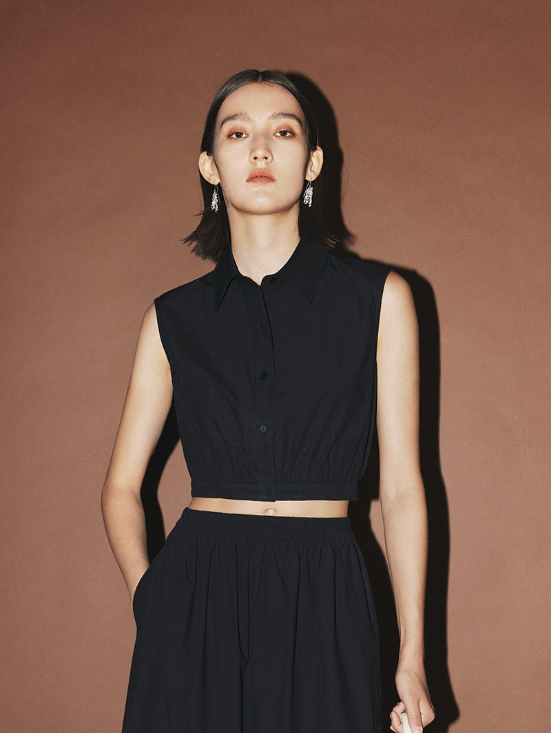 Women's Black Classic Collar Sleeveless Short Shirt