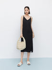 Women's Black V Neck Camisole Silk Dress