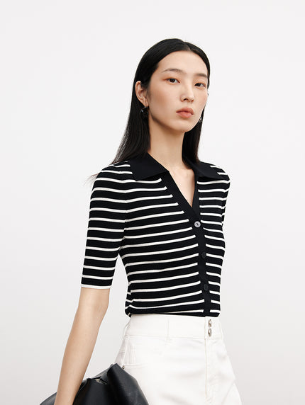Striped button-down polo shirt