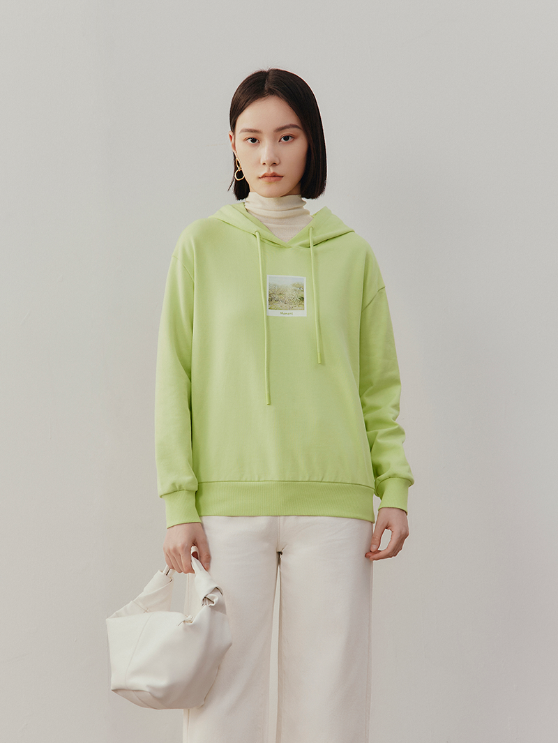 Women's Monet Collaboration Fluorescent Green Long Sleeve Knit Hooded Sweatershirt