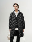 Black mid-length down jacket with hood and belt