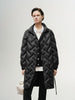 Black mid-length down jacket with hood and belt
