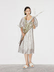 Women's Floral Light Gray Square Neck Puff Sleeves Breathable Lyocell Middle Length Dress