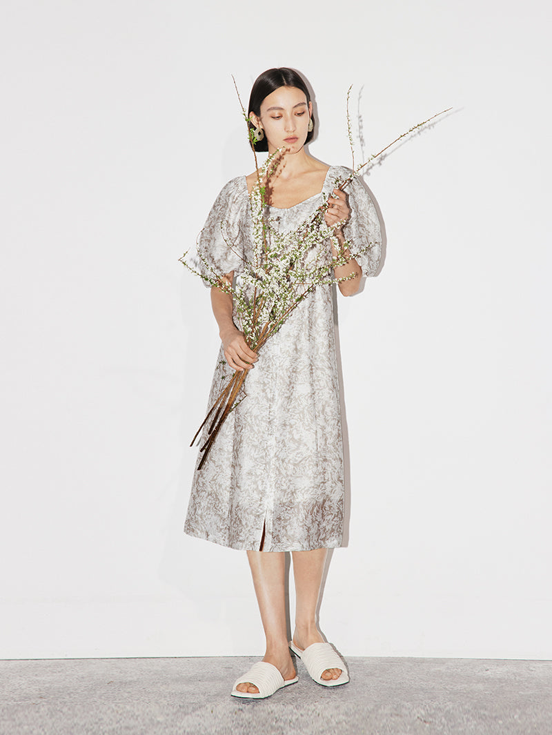 Women's Floral Light Gray Square Neck Puff Sleeves Breathable Lyocell Middle Length Dress