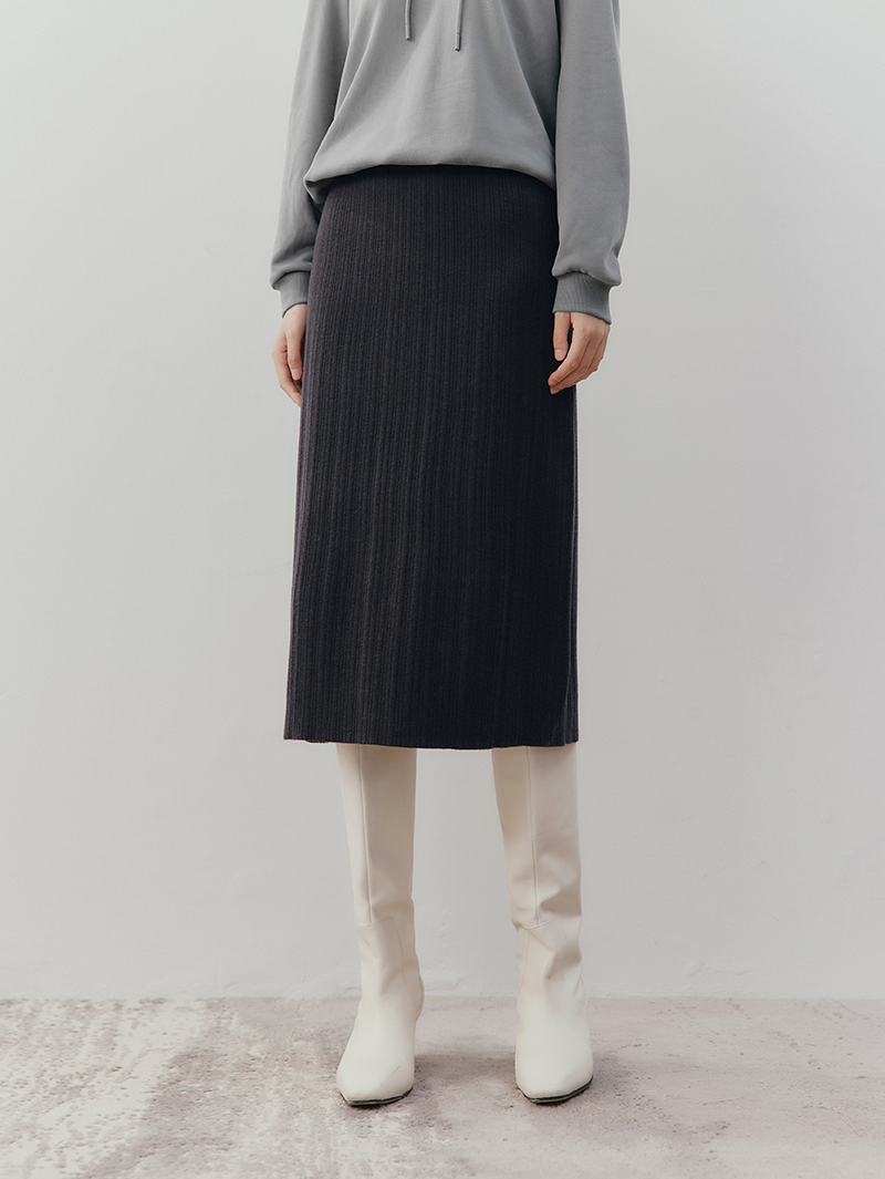 Women's Winter Dark Gray Straight Fit Elastic Waist Wool Skirt