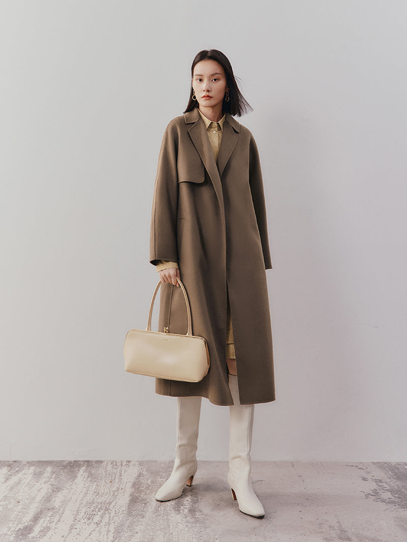 Women's Brown 100% Sheep Wool Belted Long Coat