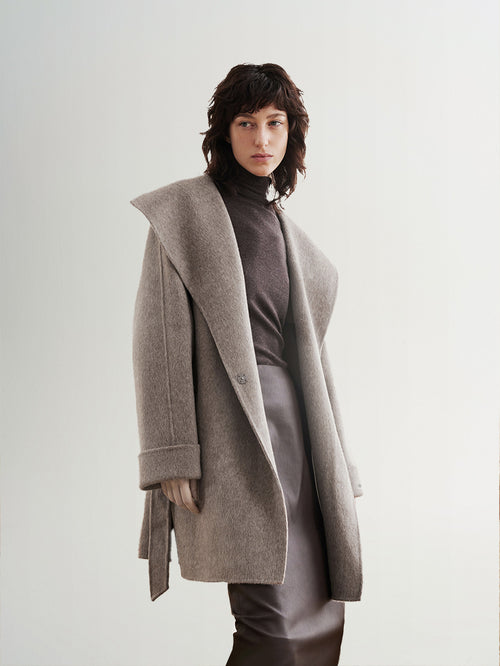 Charger l'image 1 dans la galerie. Women's Gray Camel Lapel Long Sleeves Wool Tie Belt Winter Coat