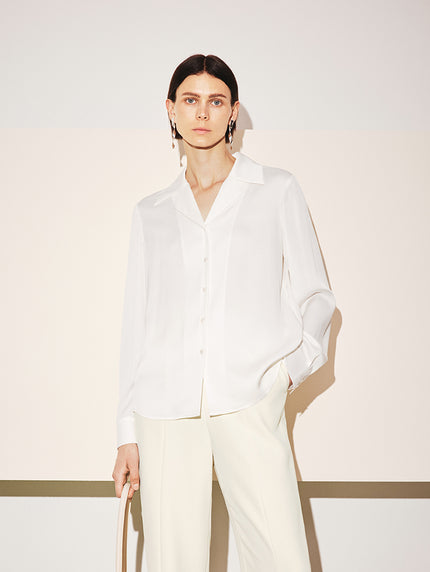 Women's White Notch Lapel Long Sleeves Silk Shirt