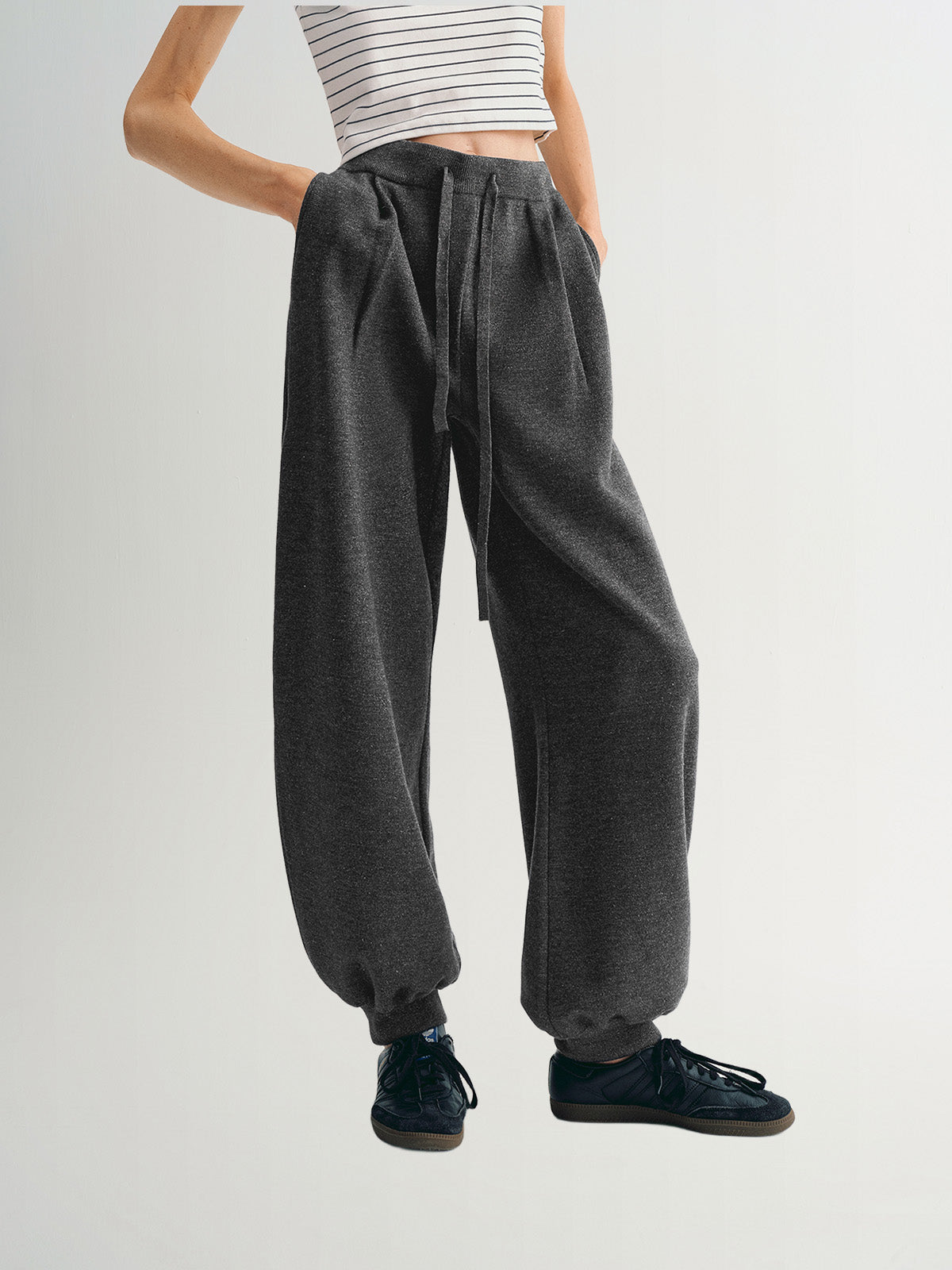 Dark gray casual straight pants with drawstring