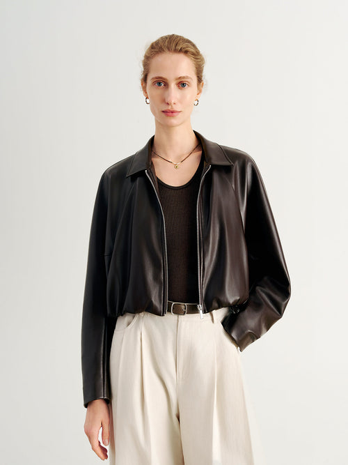 Charger l'image 1 dans la galerie. Cropped Leather Jacket with Stand Collar