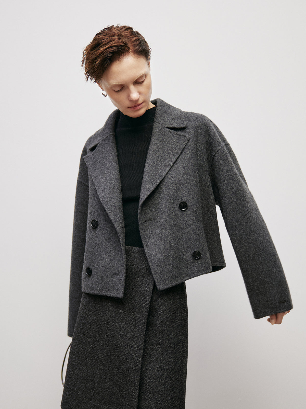 Women's Extreme Gray Notch Lapel Double Breasted Wool Short Coat