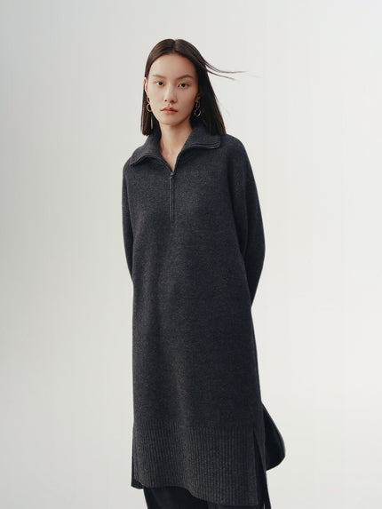 Women's Gray Stand Collar Straight Fit Winter Wool Dress