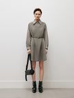 Women's Brown Classic Collar Long Sleeve Wool Vest Splicing Dress