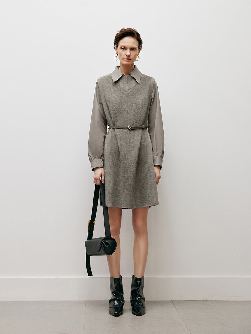 Women's Brown Classic Collar Long Sleeve Wool Vest Splicing Dress