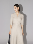 Women's Linen Color Notch Lapel Short Sleeves Wide Leg Jumpsuit