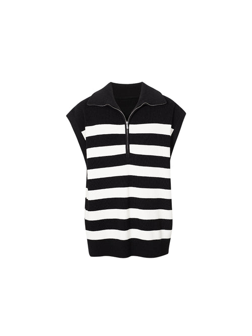 Carica immagine 1 in visualizzazione galleria. Women's Black Stripe Polo Zipper Neck Sleeveless Knitted Sweater、