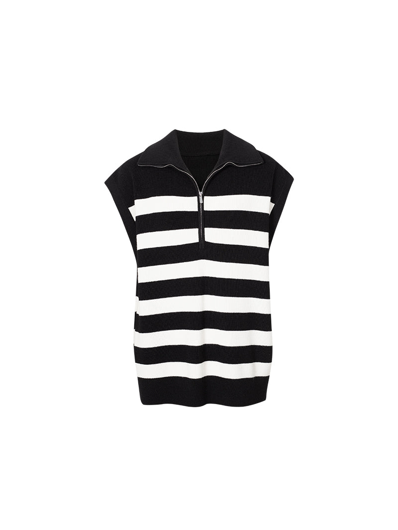 Women's Black Stripe Polo Zipper Neck Sleeveless Knitted Sweater、