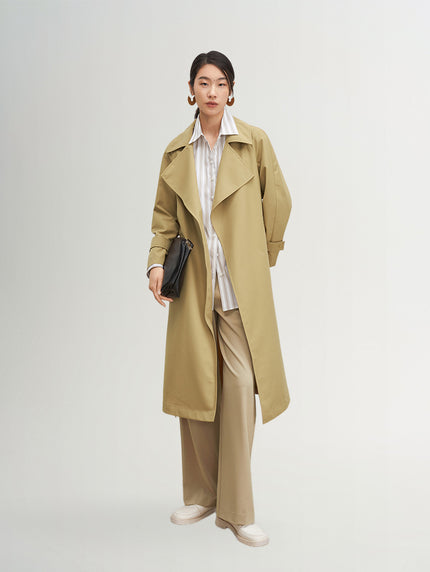 Women's Khaki Large Lape Breasted Wool Trench Coat