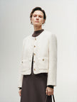 Women's White Round Neck Woolen Tweed Short Coat Jacket