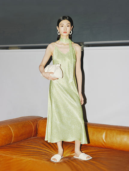 Women's Floral Light Green V Neck Smooth Acetate Slip Dress