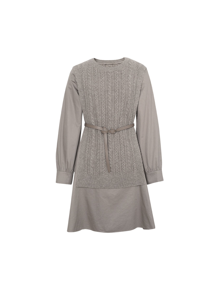 Women's Brown Wool Vest Splicing Cotton Dress