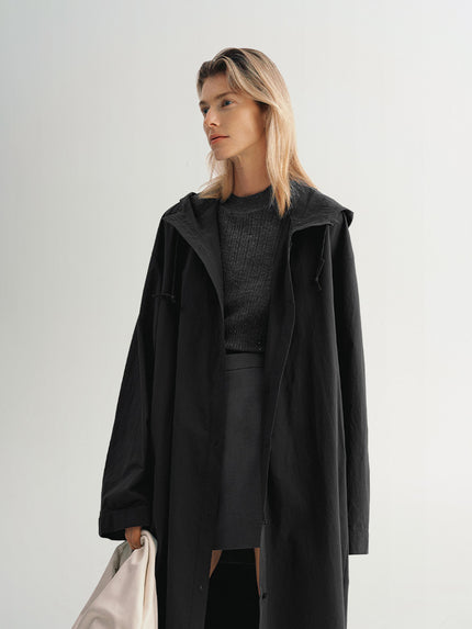 Women's Black Zipper Long Sleeves 100% Cotton Hooded Windbreaker