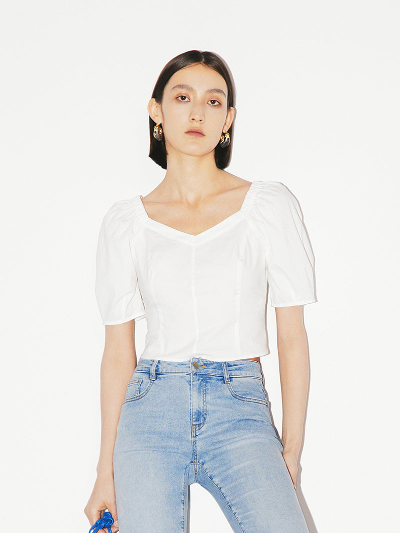 Women's White Square Neck Puff Sleeves High Quality Cotton Short Blouse Shirt