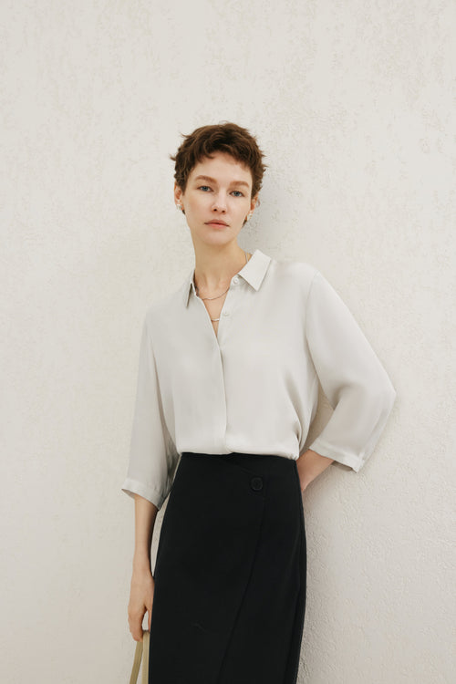 Carica immagine 1 in visualizzazione galleria. Relaxed-Fit Structured Shoulder Lapel Three-Quarter Sleeve Shirt